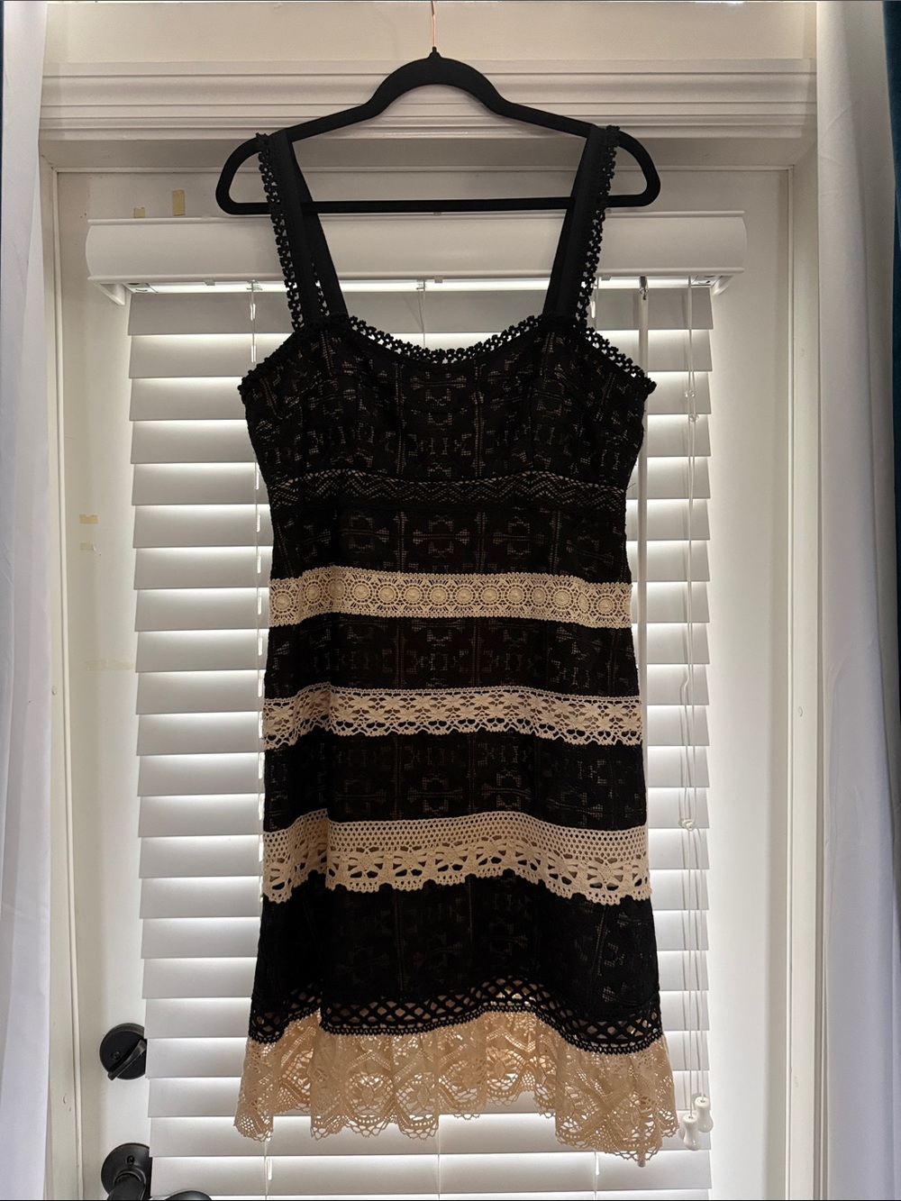 Nanette Lepore Black and Cream Lace-Striped Mini Dress